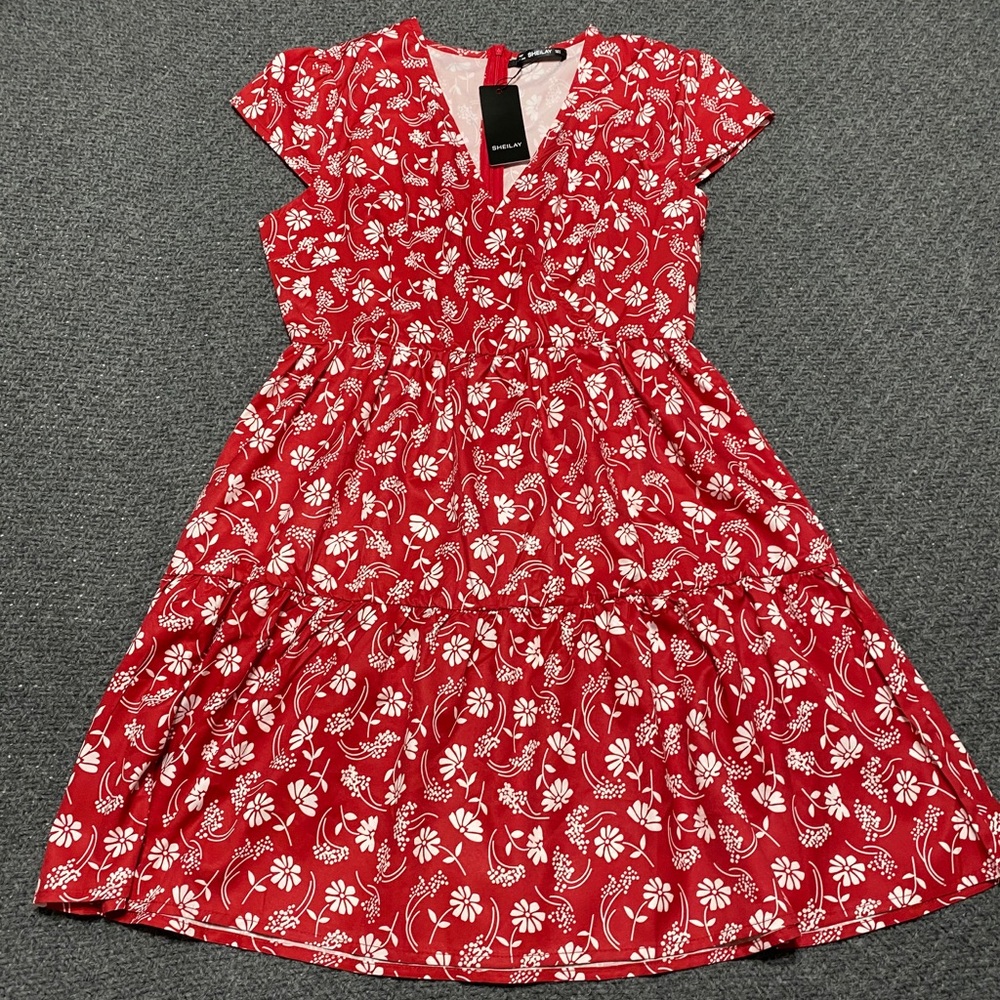 Red floral dress.